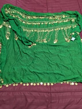 Vintage Green Belly Dance Veil Shawl Coin Trim Scarf Boho Festival Wrap Tribal